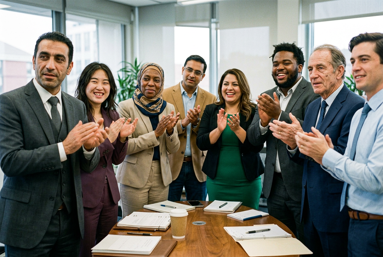 CueWorks team applauding a colleague during a recognition moment in the office