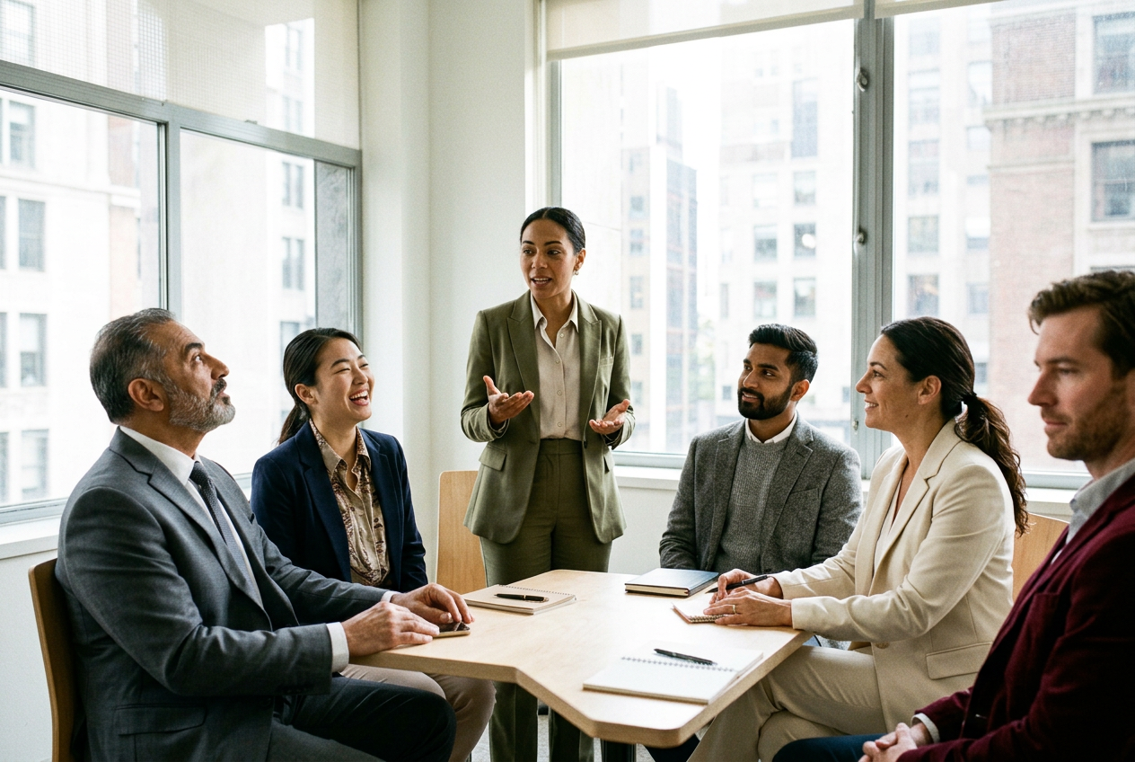 A CueWorks team member leading a morning coaching session with colleagues around a table