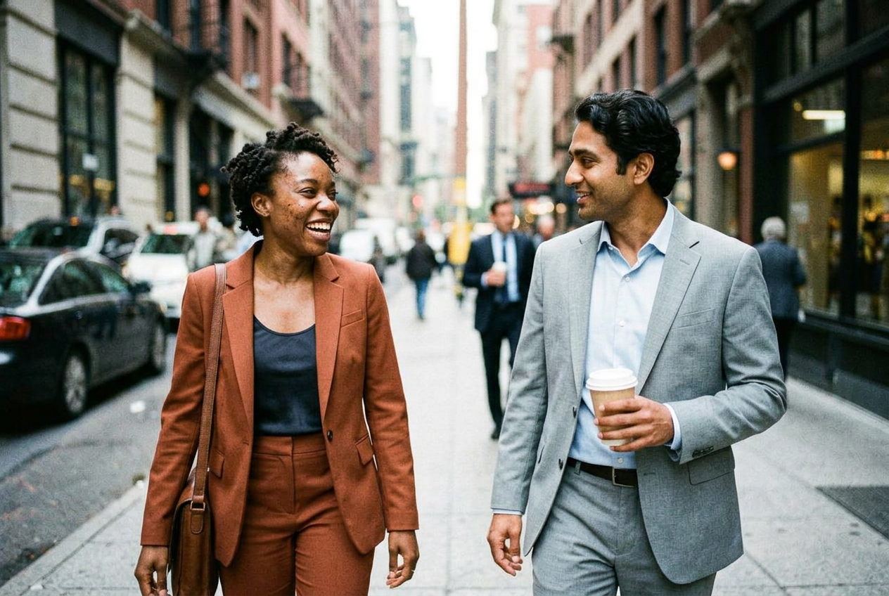 Two CueWorks colleagues talking through an approach while walking a New York street