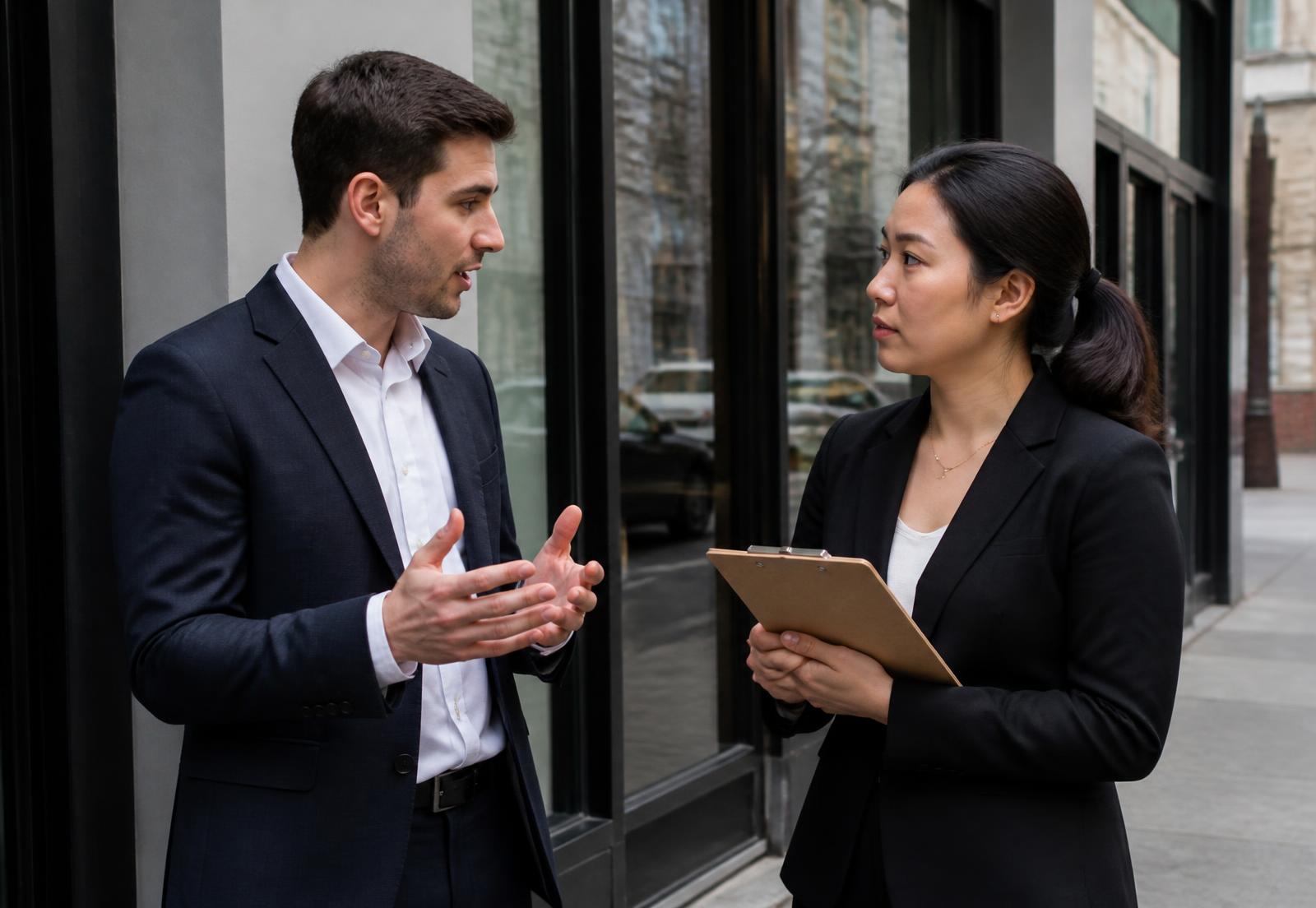A CueWorks representative in conversation with a customer outside a New York storefront