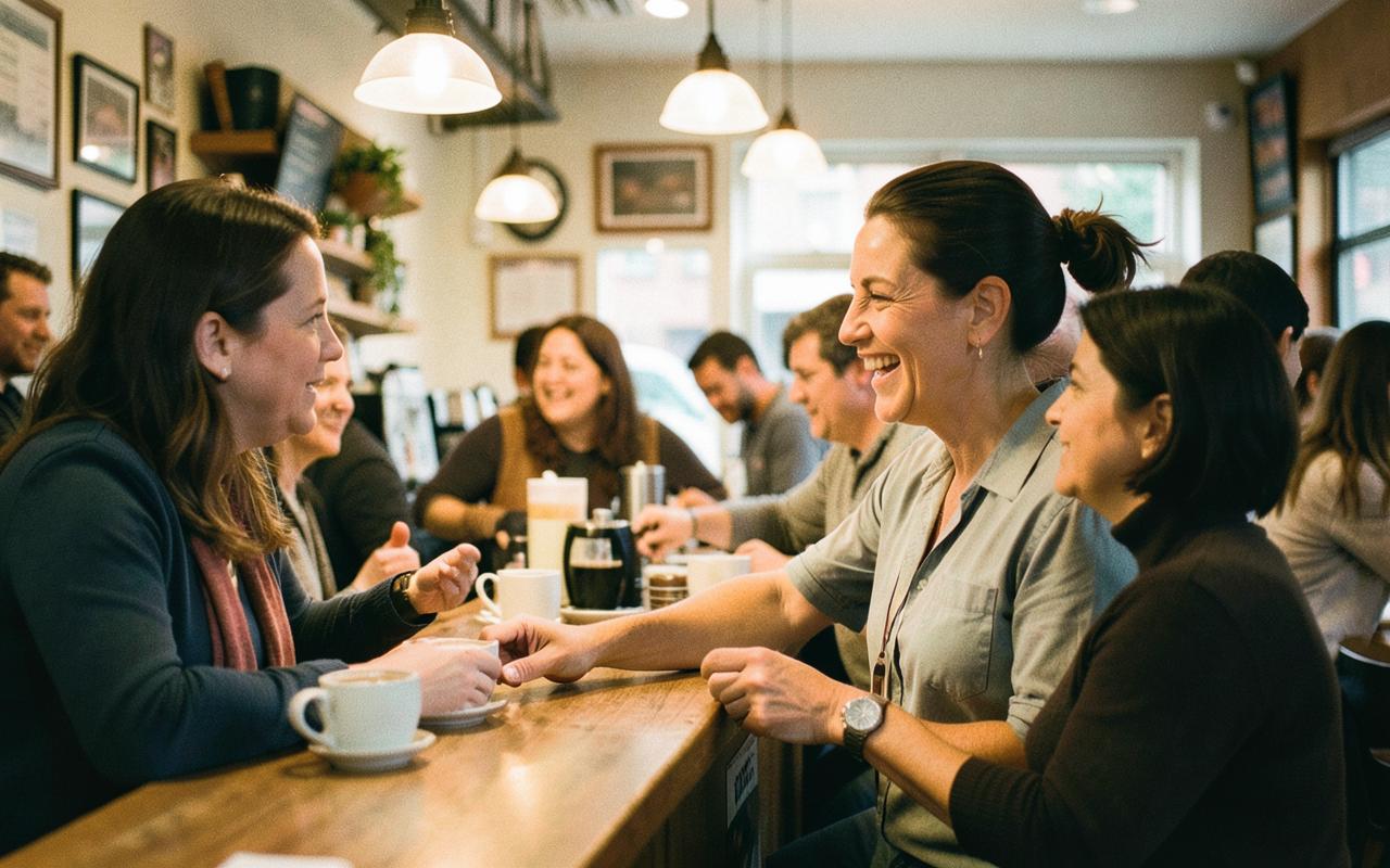 A staff member chatting with regular customers at a neighborhood cafe counter