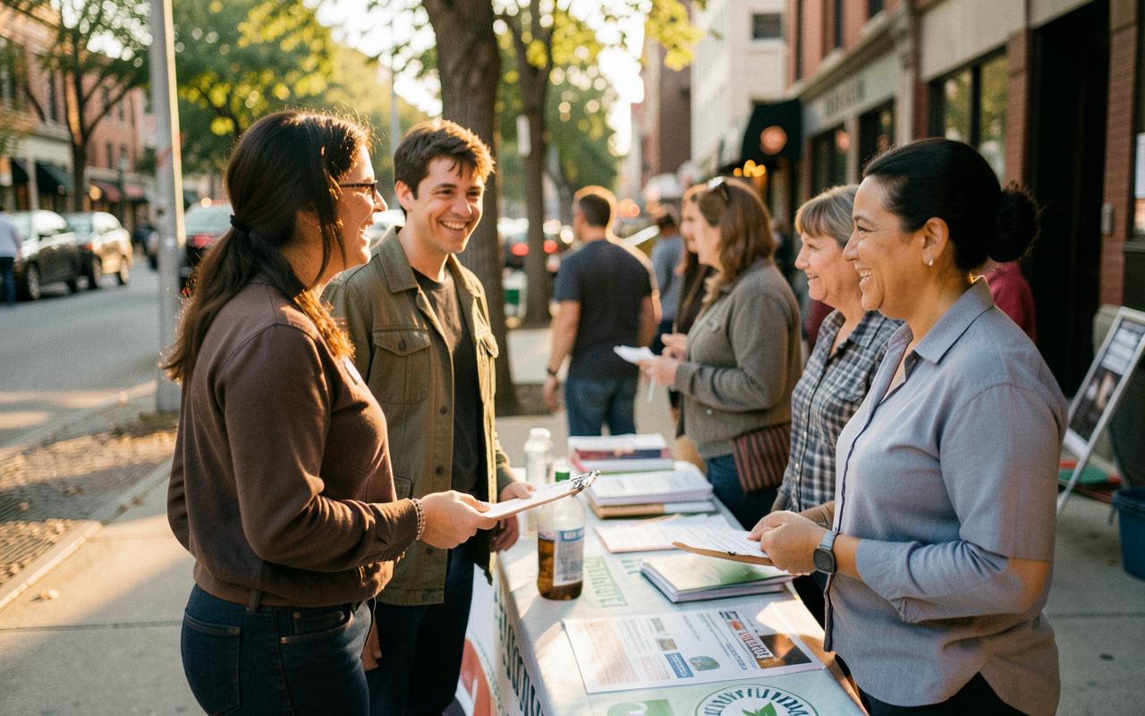 A volunteer talking with community members at an outdoor non-profit information table