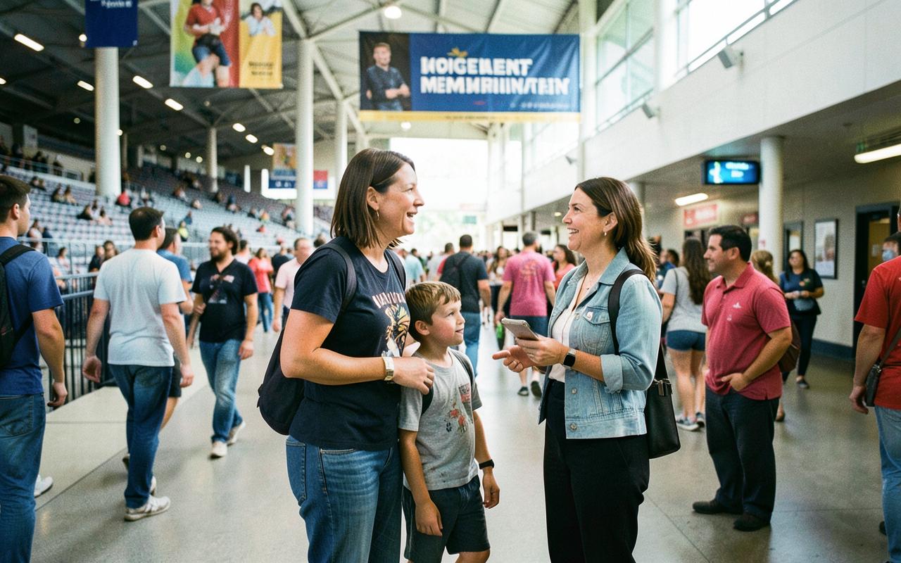 A membership representative talking with a family at a stadium concourse
