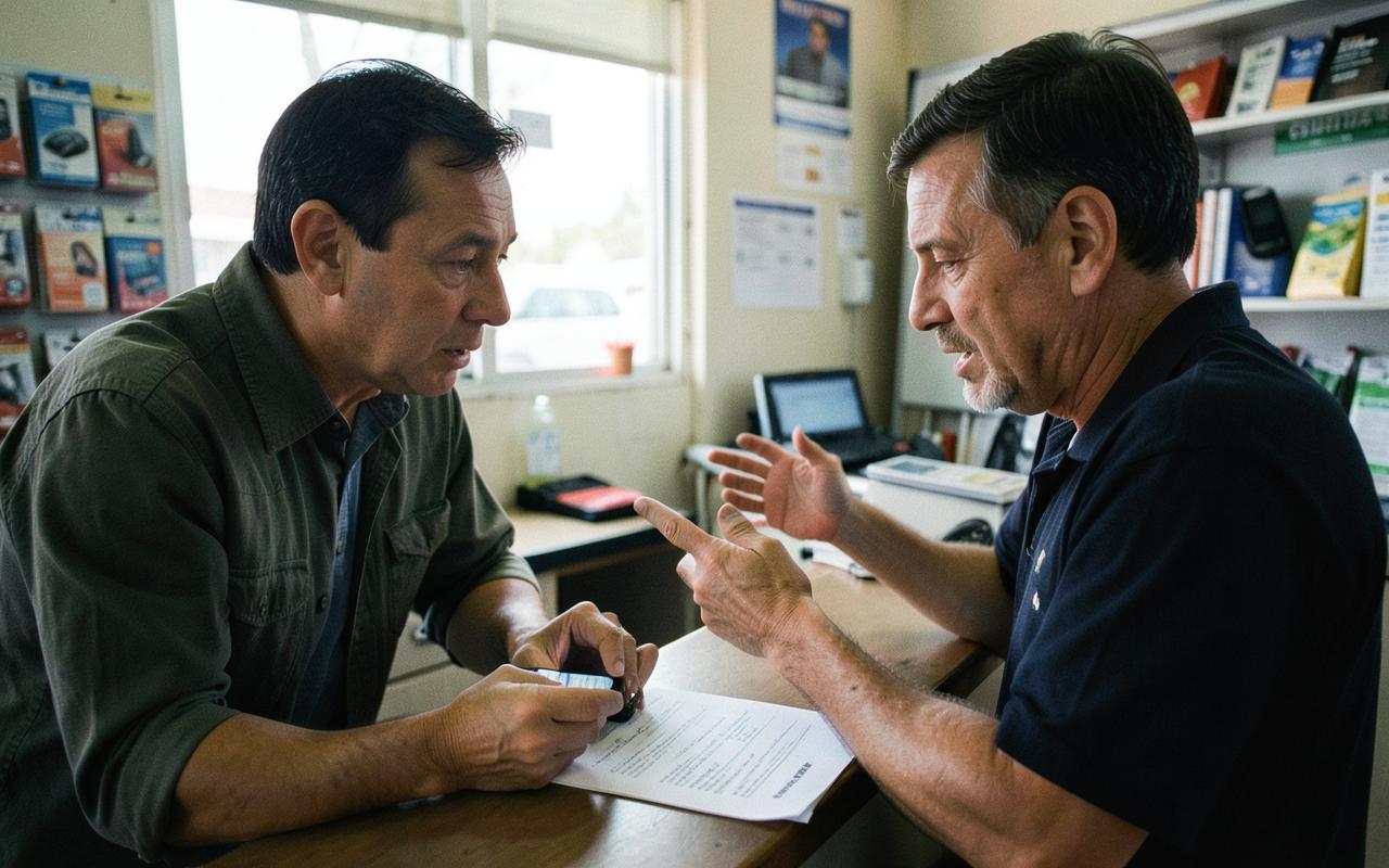 Two people comparing mobile plan options together at a service counter