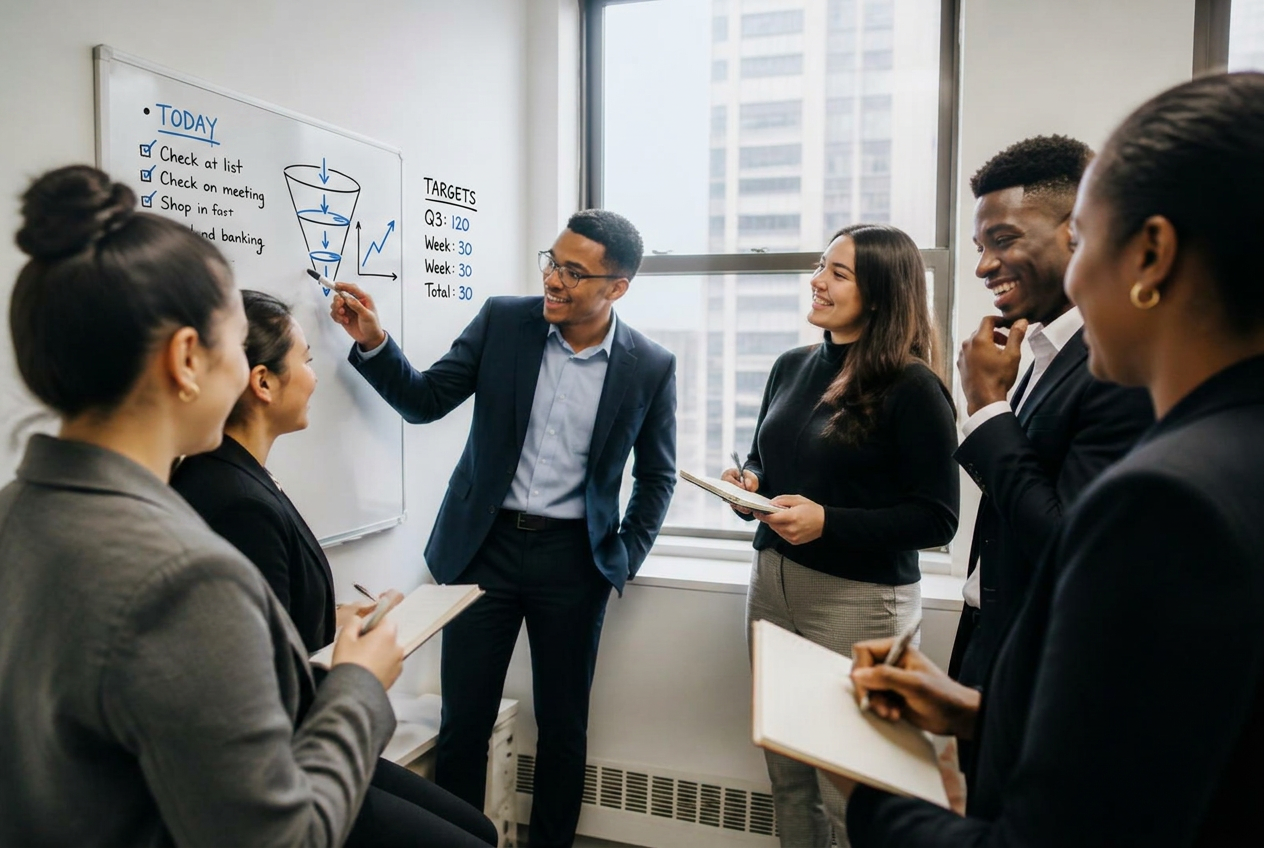 CueWorks team members in a morning training huddle at a whiteboard